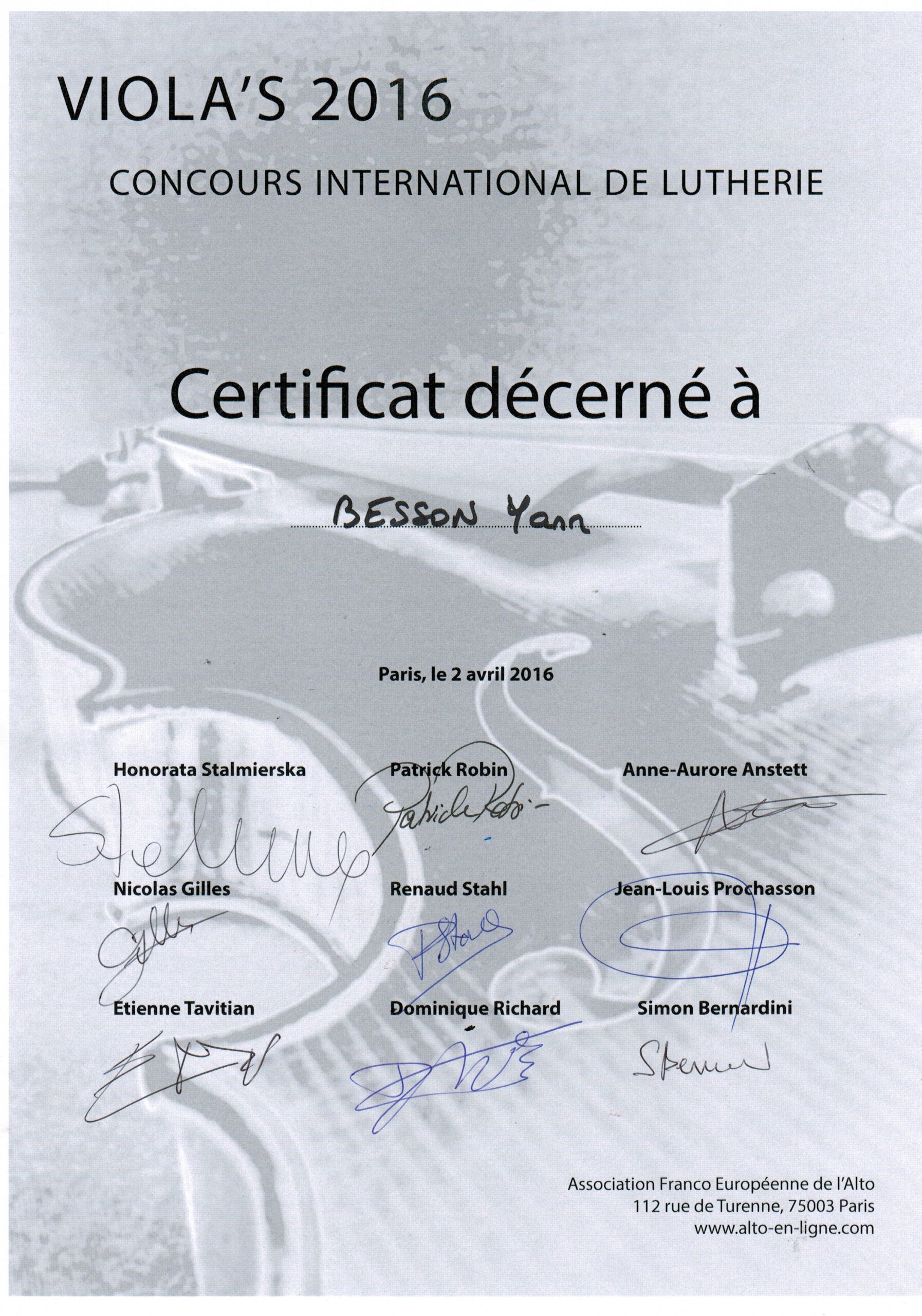 Concours international de lutherie 2016 : Certificat pour Yann Besson